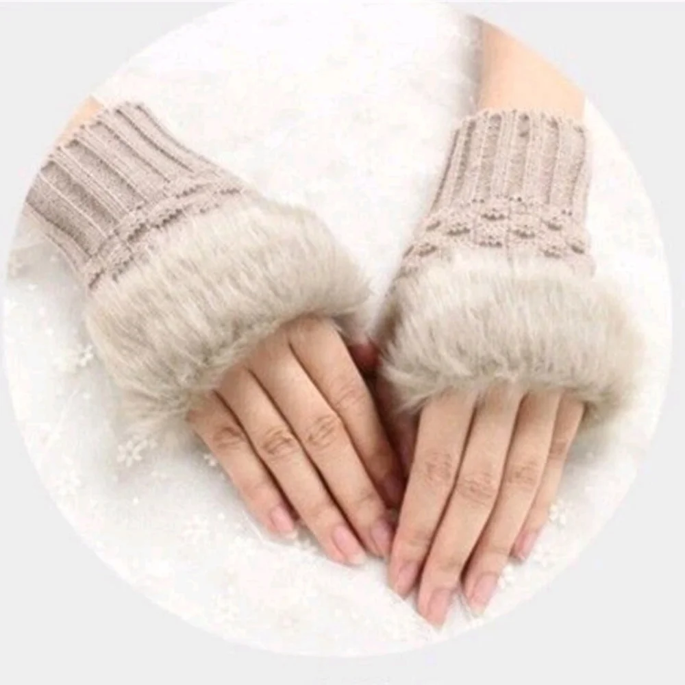 Beige Faux Fur Fingerless Magic Stretchy Cropped Warm Winter Sweater Knit Gloves